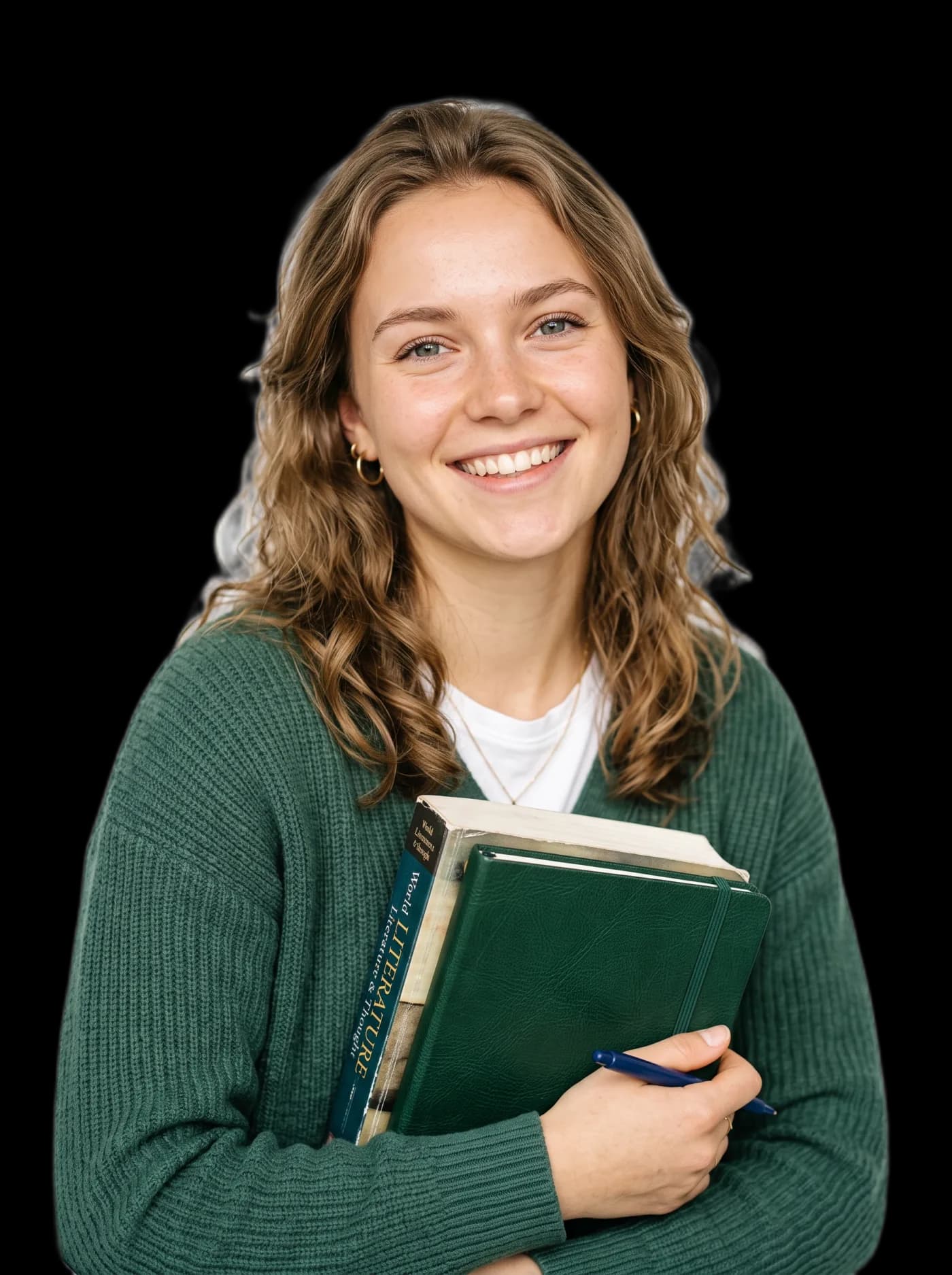 A smiling pharmacy examination candidate holding study books